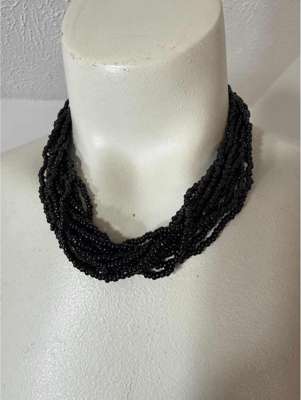 Trifari Beaded Necklace Black Multistranded Seed Beads Spring Ring Closure 17"